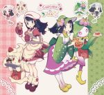  2girls akari_(pokemon) alcremie alcremie_(strawberry_sweet) alternate_costume bangs black_hair blush dawn_(pokemon) dress floral_print green_headwear hat hisuian_lilligant holding knees long_hair loose_socks multiple_girls noii official_alternate_costume oven_mitts pantyhose pokemon pokemon_(creature) pokemon_(game) pokemon_legends:_arceus pokemon_masters_ex purple_skirt red_dress red_mittens shoes skirt smile symbol-only_commentary white_headwear wide_sleeves yellow_footwear 