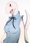  2021 absurd_res albino anthro big_tail biped blue_clothing blue_shirt blue_topwear blush cel_shading clothed clothing crusch_lulu digital_drawing_(artwork) digital_media_(artwork) eyelashes female front_view half-length_portrait hi_res lizard lizardman_(overlord) long_neck long_tail looking_at_viewer markings neck_markings open_mouth open_smile ordinary_zero overlord_(series) pink_markings pink_tongue portrait pupils red_eyes reptile scalie shaded shirt simple_background sleeveless_shirt slit_pupils smile smiling_at_viewer solo tail_markings thick_tail tongue topwear tribal tribal_markings white_background white_body 