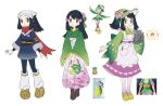  1girl akari_(pokemon) alternate_costume bangs black_hair blush boots brown_footwear closed_mouth eyelashes floral_print green_headwear green_kimono grey_jacket grey_skirt hat head_scarf hisuian_lilligant holding jacket japanese_clothes kimono loose_socks multiple_views noii pantyhose pokemon pokemon_(game) pokemon_legends:_arceus ponytail reference_inset sash shoes sidelocks skirt smile symbol-only_commentary white_headwear wide_sleeves 