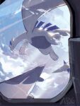  aircraft airplane airplane_interior arc_draws black_eyes closed_mouth cloud commentary_request day fang flying highres lugia no_humans outdoors pokemon pokemon_(creature) signature skin_fang solo 