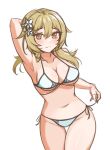  1girl armpits arms_behind_head bangs bikini blonde_hair blush breasts cleavage closed_mouth flower genshin_impact hr.r long_hair looking_at_viewer lumine_(genshin_impact) navel simple_background sketch smile solo swimsuit white_background white_bikini white_flower yellow_eyes 