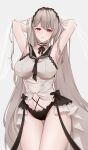  1girl absurdres armpits arms_behind_head azur_lane black_choker black_neckerchief black_panties black_sailor_collar breasts choker clothing_cutout cowboy_shot dress feather_dress formidable_(azur_lane) formidable_(timeless_classics)_(azur_lane) grey_hair highres large_breasts long_hair looking_at_viewer nanako94418108 navel_cutout neckerchief official_alternate_costume panties presenting_armpit red_eyes sailor_collar simple_background sleeveless sleeveless_dress solo standing twintails two-tone_dress two-tone_ribbon underwear veil very_long_hair white_background white_dress 
