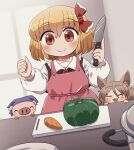  2girls animal animal_ears apron black_vest blonde_hair blush carrot closed_eyes closed_mouth collared_shirt eyebrows_visible_through_hair food fox_ears fox_tail hair_between_eyes holding holding_knife knife kudamaki_tsukasa light_brown_hair long_sleeves multiple_girls open_mouth pig pink_apron pumpkin red_eyes rokugou_daisuke rumia shirt short_hair signature smile tail touhou vegetable vest white_shirt 