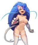  5_fingers animal_humanoid big_breasts blue_hair breasts capcom cat_humanoid claws colored_nails darkstalkers digital_media_(artwork) fangs felicia_(darkstalkers) felid felid_humanoid feline feline_humanoid female fingers fur green_eyes hair humanoid long_hair mammal mammal_humanoid nails null_skull open_mouth simple_background solo teeth tongue video_games white_body white_fur 