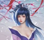  1girl bare_shoulders bare_tree blue_hair blue_sky chi_lian_(qin_shi_ming_yue) dress face hair_ornament highres honglian_dianxia_qiju_zhu long_hair purple_dress qin_shi_ming_yue sky smile snow solo streamers tree upper_body 