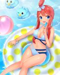  1girl adapted_costume afloat ball banned_artist beachball bikini blue_bikini blue_eyes bracelet breasts cleavage collarbone commentary_request ducklett food glint hair_ornament highres holding innertube jewelry knees_together_feet_apart looking_at_viewer navel one_side_up pokemon pokemon_(creature) pokemon_(game) pokemon_bw popsicle red_hair shiny shiny_skin short_hair_with_long_locks sidelocks skyla_(pokemon) sparkle swimsuit takahara water 
