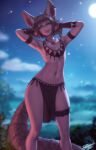  1girl animal_ears armpits artist_name bangs blunt_bangs blurry blurry_background brown_eyes brown_hair commentary english_commentary fang_necklace flat_chest fox_ears fox_tail highres jewelry khiara_(personal_ami) lips looking_at_viewer navel necklace night original outdoors pelvic_curtain personal_ami short_hair smile solo standing tail thigh_strap tooth_necklace tribal vambraces 
