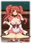  1girl asahina_mikuru bangs bare_legs border breasts broken_cup cleavage clumsy corset cup english_commentary full_body highres indoors large_breasts maid on_floor pink_skirt puffy_short_sleeves puffy_sleeves red_eyes short_sleeves sitting skirt solo spill suzumiya_haruhi_no_yuuutsu teacup tearing_up virus-g waitress wariza white_border 