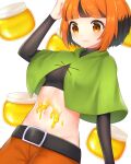  1girl arm_up bangs banned_artist belt black_belt black_hair black_shirt blunt_bangs blush breasts brown_eyes closed_mouth commentary_request eyebrows_visible_through_hair food_on_body gardenia_(pokemon) highres honey honeypot long_sleeves looking_down multicolored_hair navel orange_hair orange_shorts pokemon pokemon_(game) pokemon_dppt poncho raised_eyebrows shirt shorts solo takahara two-tone_hair white_background 