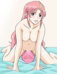  blue_eyes blush breasts gundam gundam_seed haro lacus_clyne large_breasts nipples nude pink_hair solo taishita 