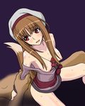  1girl arm_grab bottomless breasts brown_hair cl-55 girl_on_top hetero holo large_breasts long_hair lowres no_bra red_eyes sex solo_focus spice_and_wolf sweat tail 