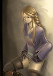  agrias_oaks bad_id bad_pixiv_id blonde_hair blue_eyes braid cosplay dressing final_fantasy final_fantasy_tactics long_hair momigara_(mmgrkmnk) no_panties pubic_hair shirt single_braid solo thighhighs 