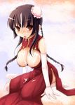  bare_shoulders black_hair blush braid breasts brown_eyes bun_cover china_dress chinese_clothes cleavage cum dress elbow_gloves embarrassed gloves gundam gundam_00 kneeling kurikara large_breasts solo twin_braids wang_liu_mei wet 