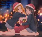  2girls akiyama_mio bangs barefoot black_hair blazer blue_eyes blue_jacket blue_skirt blunt_bangs boots box brown_eyes brown_hair closed_mouth commentary_request dresstrip english_text feet gift gift_box hairband happy_new_year hat hime_cut jacket k-on! long_hair long_sleeves looking_at_viewer looking_to_the_side merry_christmas multiple_girls open_mouth pleated_skirt sakuragaoka_high_school_uniform santa_boots santa_hat school_uniform shirt sidelocks skirt smile tainaka_ritsu white_shirt yellow_hairband 