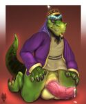  activision anthro balls blue_eyes bodily_fluids chubby_male claws clothing crash_bandicoot_(series) cum genital_fluids genitals green_body green_scales knot komodo_dragon lizard looking_at_viewer male moe monitor_lizard on_knee penis purple_clothing reptile scales scalie solo video_games zyria 