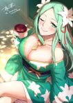 1girl alcohol alternate_costume breasts choko_(cup) cleavage closed_mouth commission cup fire_emblem fire_emblem:_three_houses flower green_eyes green_hair hair_flower hair_ornament highres japanese_clothes jewelry large_breasts long_hair looking_at_viewer necklace oyaji-sou rhea_(fire_emblem) sake skeb_commission solo 