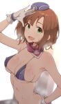  1girl :d absurdres arched_back arm_up armpits ass bangs bare_shoulders bikini blue_eyes blue_headwear blush breasts brown_hair butt_crack character_request cleavage covered_nipples eyebrows_visible_through_hair gloves hat highres idolmaster medium_breasts micro_bikini navel salute short_hair smile solo steaming_body swimsuit tengu_(tetuo_kun) upper_body white_gloves 