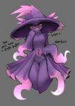  1girl fang floating ghost ghost_girl gipehtyboo grey_background hat highres mismagius open_mouth personification pokemon red_eyes simple_background smug solo witch_hat 