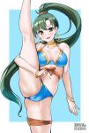  1girl absurdres aegis_(nerocc) bikini blue_bikini bracelet breasts cameltoe earrings fire_emblem fire_emblem:_the_blazing_blade fire_emblem_heroes green_eyes green_hair highres jewelry long_hair looking_at_viewer lyn_(fire_emblem) lyn_(summer)_(fire_emblem) medium_breasts official_alternate_costume open_mouth partially_visible_vulva ponytail smile solo split standing standing_on_one_leg standing_split swimsuit very_long_hair 