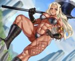 1girl abs absurdres amazon_(dragon&#039;s_crown) axe bangs biceps black_footwear black_gloves blonde_hair boots breasts cleavage dragon&#039;s_crown eyebrows_visible_through_hair gloves highres holding holding_axe knee_boots large_breasts long_hair looking_at_viewer muscular muscular_female navel parted_bangs parted_lips solo tan tattoo toin_(koto54576897) wavy_hair 