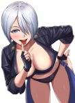  1girl absurdres angel_(kof) black_gloves blue_eyes blush breasts cleavage eyebrows_visible_through_hair finger_to_mouth fingerless_gloves gloves hair_over_one_eye hand_on_hip highres index_finger_raised large_breasts leaning_forward looking_at_viewer navel open_mouth short_hair smile solo teeth the_king_of_fighters the_king_of_fighters_xv toin_(koto54576897) tongue tongue_out upper_teeth 