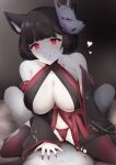  1girl acullllll animal_ear_fluff animal_ears azur_lane bare_shoulders black_hair black_kimono breasts cat_mask center_opening colored_skin criss-cross_halter detached_sleeves fingernails gradient gradient_legwear halterneck highres japanese_clothes kimono large_breasts looking_at_viewer mask mask_on_head nail_polish panties red_eyes red_legwear red_nails red_panties sharp_fingernails short_hair sitting sitting_on_person spread_legs underwear white_skin wide_sleeves yamashiro_(azur_lane) yamashiro_(meta)_(azur_lane) 