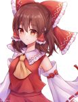  1girl ascot bare_shoulders bow brown_eyes brown_hair closed_mouth collared_vest commentary_request detached_sleeves frilled_bow frills hair_bow hakurei_reimu highres long_sleeves medium_hair midriff_peek red_bow red_ribbon red_skirt red_vest ribbon ribbon-trimmed_sleeves ribbon_trim runa_(runa7733) simple_background skirt solo touhou upper_body vest white_background white_sleeves wide_sleeves yellow_ascot 