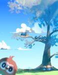  bagutyu bird black_eyes blurry blurry_foreground closed_eyes cloud day grass highres lying no_humans outdoors pokemon pokemon_(creature) rowlet sky sleeping symbol-only_commentary tree 