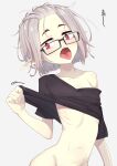  1girl bare_shoulders black-framed_eyewear black_shirt bottomless breasts cleavage clothes_lift collarbone commentary_request forehead glasses grey_background grey_hair groin highres letty_(ogami_kazuki) lifted_by_self navel off_shoulder ogami_kazuki open_mouth original out-of-frame_censoring pointy_ears red_eyes shirt shirt_lift short_hair short_sleeves simple_background small_breasts solo thick_eyebrows tongue tongue_out translation_request 