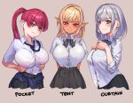  &gt;:) 3girls absurdres adjusting_clothes alternate_costume arms_behind_back arms_under_breasts bangs black_necktie black_skirt blunt_bangs blush bow bowtie bra bra_peek bra_visible_through_clothes breast_pocket breast_suppress breasts bursting_breasts button_gap closed_mouth clothes_around_waist clothes_lift collarbone collared_shirt covered_nipples cropped_torso crossed_bangs curtain_call_challenge_(meme) dark-skinned_female dark_elf dark_skin dress_shirt elf eyebrows_visible_through_hair fang from_side green_eyes grey_background hands_on_own_stomach hands_up head_tilt heterochromia high-waist_skirt highres hololive houshou_marine impossible_clothes impossible_shirt large_breasts long_hair long_sleeves looking_at_viewer matching_outfit meme miniskirt multicolored_hair multiple_girls narrow_waist navel necktie orange_eyes otk pleated_skirt pocket pointy_ears ponytail red_eyes red_hair school_uniform see-through see-through_silhouette shiranui_flare shirogane_noel shirt shirt_lift shirt_overhang shirt_tucked_in short_sleeves sidelocks simple_background skirt sleeves_rolled_up smile straight-on streaked_hair striped striped_bow striped_bowtie sweater sweater_around_waist swept_bangs taut_clothes taut_shirt tented_shirt tight tight_shirt tsurime underwear uniform untucked_shirt v-shaped_eyebrows virtual_youtuber white_hair white_shirt yellow_eyes 