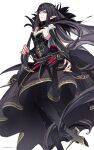  1girl absurdres bangs bare_shoulders black_dress breasts bridal_gauntlets brown_hair carimarica cleavage dress fate/apocrypha fate_(series) fur_trim gold_trim highres large_breasts long_hair looking_at_viewer pointy_ears semiramis_(fate) sidelocks slit_pupils solo spikes very_long_hair yellow_eyes 