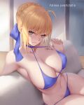  1girl ahoge alternate_breast_size artoria_pendragon_(fate) aztodio bikini blonde_hair blue_bikini blue_choker blue_ribbon braid breasts choker cleavage closed_mouth couch english_commentary fate/stay_night fate_(series) french_braid green_eyes hair_bun hair_ribbon hand_up large_breasts looking_at_viewer navel on_couch patreon_username pulled_by_self ribbon saber sidelocks sitting solo stomach strap_pull swimsuit web_address 
