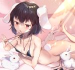  1girl animal animal_ears ass barefoot bikini bikini_bottom_removed black_bikini black_hair breasts carrot_necklace collarbone commentary_request eyebrows_visible_through_hair floppy_ears highres hiiragi_ken inaba_tewi leg_up lying micro_bikini on_stomach open_mouth rabbit rabbit_ears rabbit_girl rabbit_tail red_eyes short_hair small_breasts soles sweat swimsuit tail too_many too_many_rabbits touhou 