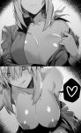  1girl :q bare_shoulders breasts closed_mouth collarbone fate/grand_order fate_(series) florence_nightingale_(fate) greyscale hair_between_eyes heart heart-shaped_pupils highres hxd large_breasts looking_at_viewer monochrome nipples short_hair solo spoken_heart symbol-shaped_pupils tongue tongue_out undressing upper_body 