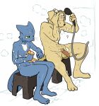  absurd_res anthro aoniya_yuudai blue_body blush bodily_fluids canid canine canis chest_tuft domestic_cat domestic_dog duo ears_down eyebrows eyes_closed felid feline felis genitals green_eyes hi_res humanoid kaneinu_kosuke male mammal muscular muscular_anthro muscular_male nude pivoted_ears shower_head showering simple_background sitting soap_bubbles tuft water wet white_eyebrows yellow_body 
