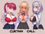  &gt;:) 3girls :o absurdres adjusting_clothes alternate_costume areola_slip arms_behind_back bangs bare_shoulders black_bra black_skirt blunt_bangs blush bow bow_bra bowtie bra breast_suppress breasts chestnut_mouth cleavage clothes_around_waist collarbone collared_shirt cropped_torso crossed_bangs curtain_call_challenge_(meme) dark-skinned_female dark_elf dark_skin dress_shirt elf eyebrows_visible_through_hair from_side gold_trim green_eyes grey_background grin hands_up head_tilt heterochromia high-waist_skirt highres holding holding_clothes holding_shirt hololive houshou_marine lace-trimmed_bra lace_trim large_breasts long_hair long_sleeves looking_at_viewer matching_outfit meme miniskirt multicolored_hair multiple_girls narrow_waist naughty_face navel open_clothes open_mouth open_shirt orange_eyes otk partially_unbuttoned pink_bra pleated_skirt pointy_ears ponytail red_bra red_eyes red_hair school_uniform shiranui_flare shirogane_noel shirt shirt_removed short_sleeves sidelocks simple_background skirt sleeves_rolled_up smile straight-on strap_gap streaked_hair striped striped_bow striped_bowtie sweater sweater_around_waist swept_bangs tsurime unbuttoned unbuttoned_skirt underwear undressing uniform untucked_shirt v-shaped_eyebrows virtual_youtuber white_hair white_shirt yellow_eyes 