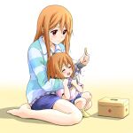  2girls bangs barefoot blue_shorts blush brown_eyes brown_hair bruise closed_eyes closed_mouth commentary_request dresstrip eyebrows_visible_through_hair first_aid_kit gradient gradient_background hair_ornament hairclip hirasawa_yui holding holding_bandaid injury jacket k-on! long_hair long_sleeves mother_and_daughter mrs._hirasawa multiple_girls open_mouth pink_shirt plaid plaid_shirt shirt short_hair short_sleeves shorts socks striped striped_jacket sweatdrop tears teeth upper_teeth white_background yellow_background yellow_legwear younger 
