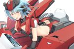  1girl :d ass bangs black_gloves blue_hair breasts butt_crack character_request cleavage cosmic_break eyebrows_visible_through_hair gloves headgear highres mecha_musume open_mouth pallad pointy_ears red_eyes revealing_clothes short_hair short_sleeves simple_background smile solo white_background 