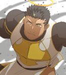  1boy asahi_(zabaniyan) bara beard belt black_bodysuit black_hair blurry blurry_background bodysuit chest_armor collared_shirt commentary_request facial_hair fighting_stance flaming_halo halo highres hip_vent male_focus mature_male muscular muscular_male open_mouth pectorals pelvic_curtain shirt sideburns smoke solo spiked_hair stubble tokyo_afterschool_summoners upper_body white_background wide-eyed yellow_eyes zabaniyya_(housamo) 
