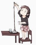  1girl artist_self-insert barefoot black_shirt brown_hair brown_shorts chair chopsticks closed_mouth commentary_request cup drinking_glass floral_print food grey_background highres holding holding_chopsticks holding_cup long_hair looking_away looking_up noodles on_chair original print_shorts shirt short_shorts short_sleeves shorts simple_background soba solo standing table tiptoes v-shaped_eyebrows water yukie_(kusaka_shi) 