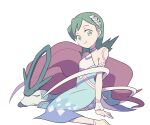  1girl aqua_dress aqua_eyes aqua_hair bare_shoulders breasts choker closed_eyes collarbone dress hair_ornament halter_dress halterneck kris_(pokemon) looking_at_viewer medium_hair official_alternate_costume pokemon pokemon_(game) pokemon_gsc pokemon_masters_ex shorts side_slit sitting sleeping small_breasts smile ssalbulre suicune white_background wrist_cuffs 