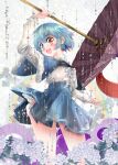  1girl bangs blue_eyes blue_hair blue_skirt blue_vest geta heterochromia highres holding holding_umbrella juliet_sleeves long_sleeves puffy_sleeves red_eyes shirt short_hair skirt solo tatara_kogasa tongue touhou umbrella usuusu vest white_shirt 