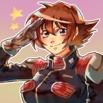  1girl bangs breasts brown_eyes brown_hair gradient gradient_background highres mazinger_(series) mazinkaiser_skl medium_breasts pilot_suit salute short_hair slllle1 smile solo star_(symbol) tsubasa_yuki 