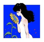  1girl black_hair blue_background border breasts chinese_commentary closed_eyes commentary_request dress facial_mark flower from_side highres long_hair long_neck original outside_border russo-ukrainian_war simple_background solo standing sunflower tears ukrainian_flag white_border white_dress yellow_flower yuutsuneko 