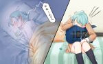  2girls aqua_hair bang_dream! blush closed_eyes guitar hidden_face highres hikawa_hina hikawa_sayo implied_masturbation implied_yuri instrument long_hair lying multiple_girls nichiju_(you) on_bed picture_(object) plectrum school_uniform short_hair sitting split_screen sweat trembling under_covers 