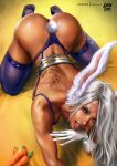  1girl absurdres all_fours animal_ears ass back_tattoo boku_no_hero_academia breasts dark-skinned_female dark_skin gloves grey_hair highres large_breasts logan_cure long_eyelashes long_hair looking_at_viewer mirko muscular muscular_female open_mouth paid_reward_available rabbit_ears rabbit_tail red_eyes solo tail tail_through_clothes tattoo thighhighs white_gloves 