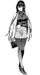  1girl bag black_footwear black_hair black_legwear blush boots breasts closed_mouth commentary eyebrows_visible_through_hair full_body greyscale hair_between_eyes handbag high_heel_boots high_heels highres hiiragi_yuuichi holding large_breasts legs_together long_hair long_sleeves looking_away monochrome on_shoulder original pantyhose simple_background skirt smile solo standing sweater very_long_hair white_background 