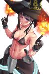  1girl abs absurdres bangs bare_shoulders bikini bikini_top_only black_bikini black_gloves black_hair black_headwear black_skirt blush breasts cleavage closed_mouth collarbone cowboy_shot en&#039;en_no_shouboutai eyebrows_visible_through_hair fire fireball gloves groin hat highres index_fingers_raised long_skirt looking_at_viewer maki_oze medium_breasts metal_gloves midriff muscular muscular_female navel obliques ponytail purple_eyes sidelocks simple_background skirt smile solo standing swimsuit toin_(koto54576897) white_background witch_hat 
