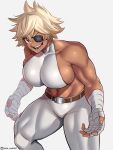  1girl abs bandaged_arm bandages belt biceps blonde_hair breasts brown_eyes dark-skinned_female dark_skin debonair_diamond eyepatch highres large_breasts looking_at_viewer muscular muscular_female navel open_mouth pants red_hood_(kawaguchi) short_hair sideboob simple_background smile spiked_hair thick_thighs thighs toin_(koto54576897) twitter_username white_background white_pants 