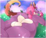  ampersand_ad anthro balls big_balls big_butt blush briar_(ampersand_ad) butt casual_nudity digital_media_(artwork) dragon dragonborn dungeons_and_dragons eating food fruit genitals grass hair hasbro hi_res holding_object horn looking_at_viewer looking_back lying male meadow nude on_front outside pink_hair plant purple_body reptile scalie sky slightly_chubby solo surprise thick_thighs wide_hips wizards_of_the_coast 